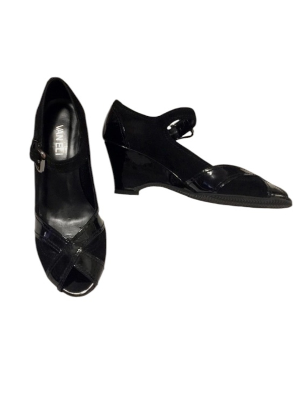 VANELi Women’s Suede and Patent Peep Toe Mary Jane Wedge Heeled Shoes Sz 6N
